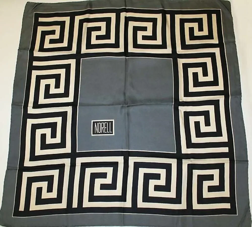 Vintage Rare Norman Norell Greek Key Gray Black White Logo Signature Silk Scarf